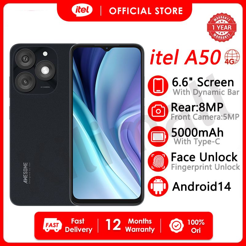 [CASHBACK FRIDAY] Itel A50 64GB+(2+4)6GB RAM 6.6" Screen Phone Dual SIM 8MP+5MP Camera  5000mAh Baterry Fingerprint And Face Unlock Smart Phones