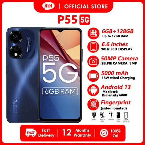 Itel P55 5G Network 128GB+(6+6)12GB RAM 6.6-Inch Screen Phone Dual SIM 50MP+8MP Camera  5000mAh Baterry Fingerprint And Face Unlock Power 55 Android 13 Smart Phones
