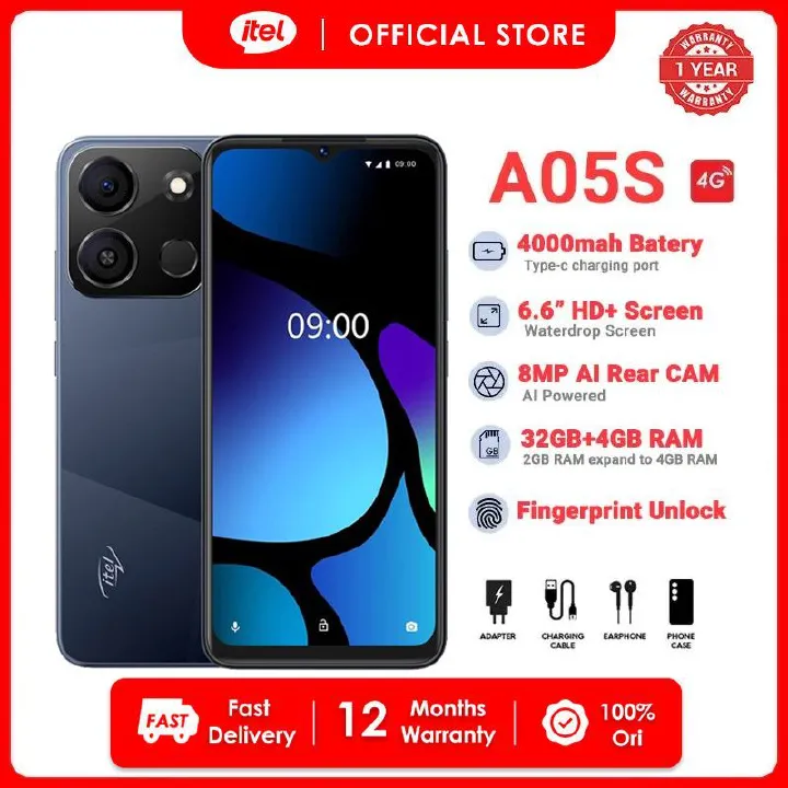 [Clearance Sale] Itel A05S 32GB Storage 4 (2+2) GB RAM 4000mAh Android 12 GO 6.6" HD+ Dual Camera Fingerprint Dual SIM 4G Network Smart Mobile Phone