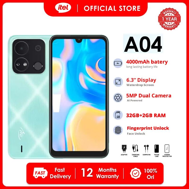 Itel A04 32GB Storage 2GB RAM 3G Network 4000mAh Battery 6.3" Waterdrop Screen 5MP Dual Camera Fingerprint and Faceunlock Smart Phones