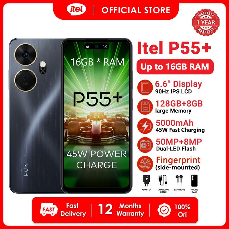 Itel P55 Plus 128GB+16(8+8)GB RAM  6.6" Display Phone Dual SIM 4G LTE Network 50MP+8MP Camera 45W Fast Charging 5000mAh Baterry Fingerprint And Face Unlock P55+ Smart Phones