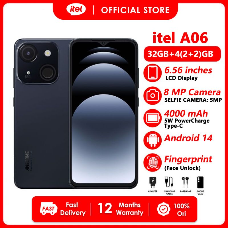 [CASHBACK FRIDAY] Itel A06 3G Network 32GB+(2+2)4GB RAM 6.6" Screen Phone Dual SIM 8MP+5MP Camera  4000mAh Baterry Fingerprint And Face Unlock Smart Phones Magic Black,32GB+4(2+2)GB