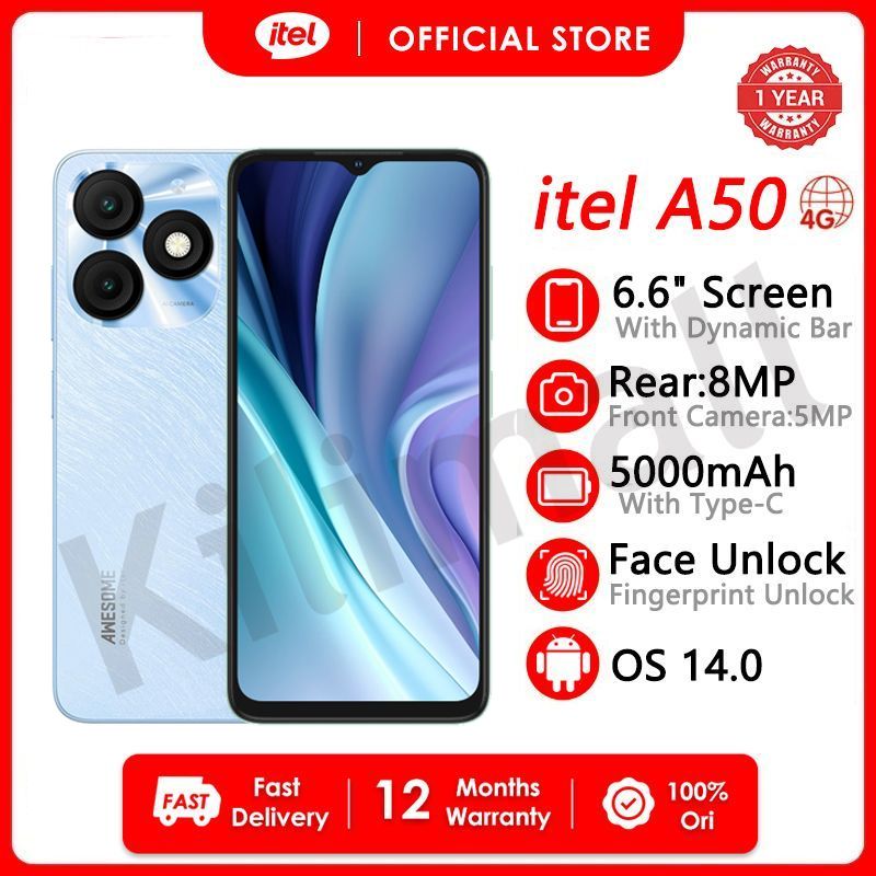 [CASHBACK FRIDAY] Itel A50 64GB+(2+4)6GB RAM 6.6" Screen Phone Dual SIM 8MP+5MP Camera  5000mAh Baterry Fingerprint And Face Unlock Smart Phones Blue,64GB+2GB