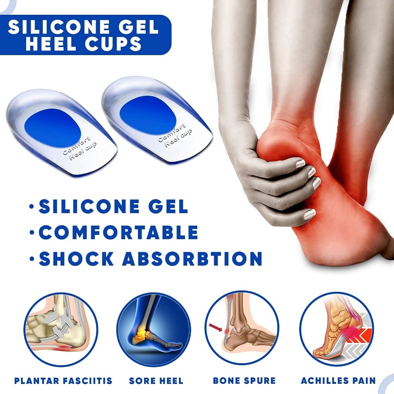 2pcs Silicone Comfort Heel Cups Shock Absorbtion Pads Insoles for Shoe Ankle Pain Spur Insert Support Planter for Men and Women