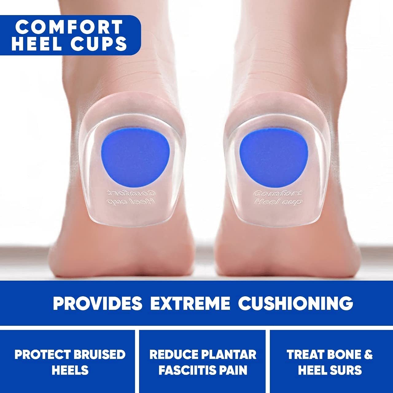 2pcs Silicone Comfort Heel Cups Shock Absorbtion Pads Insoles for Shoe Ankle Pain Spur Insert Support Planter for Men and Women