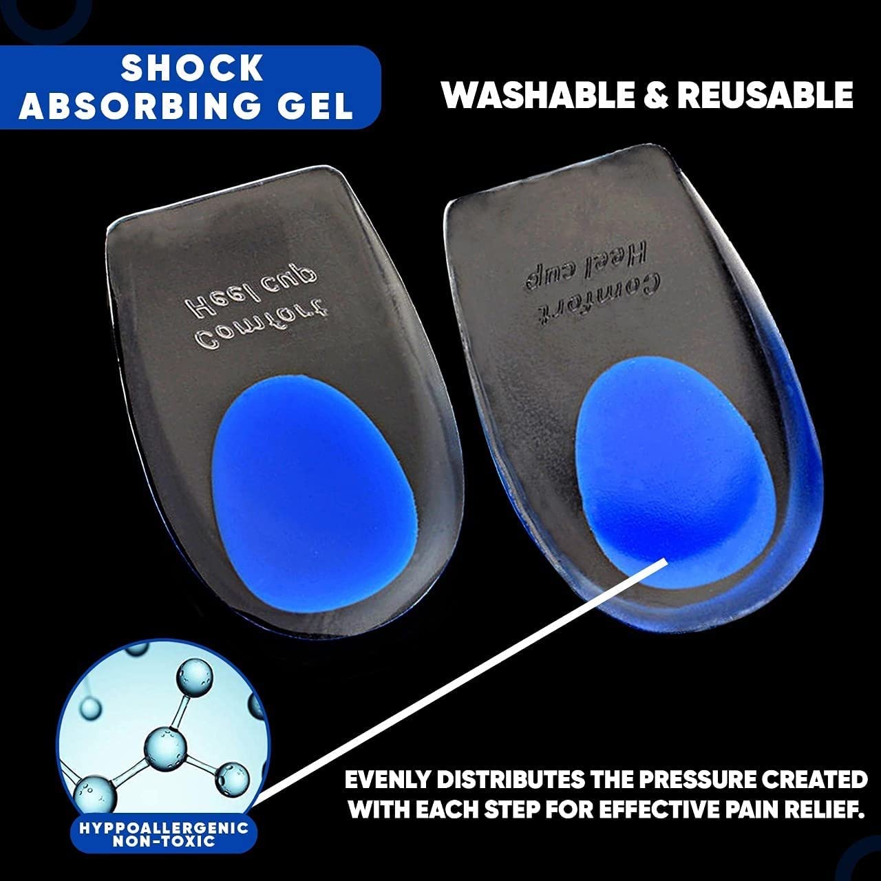 2pcs Silicone Comfort Heel Cups Shock Absorbtion Pads Insoles for Shoe Ankle Pain Spur Insert Support Planter for Men and Women