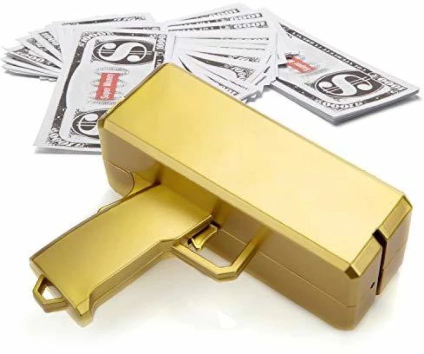 Gold Money Gun Shooter with 100pcs Prop Money Cash Shoot Make it Rain Fake Gun Play Toys for Party