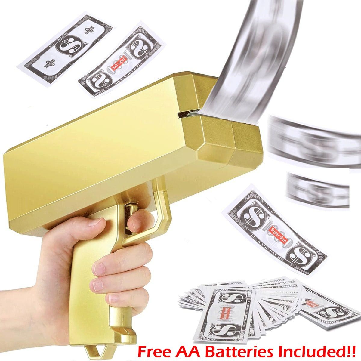 Gold Money Gun Shooter with 100pcs Prop Money Cash Shoot Make it Rain Fake Gun Play Toys for Party