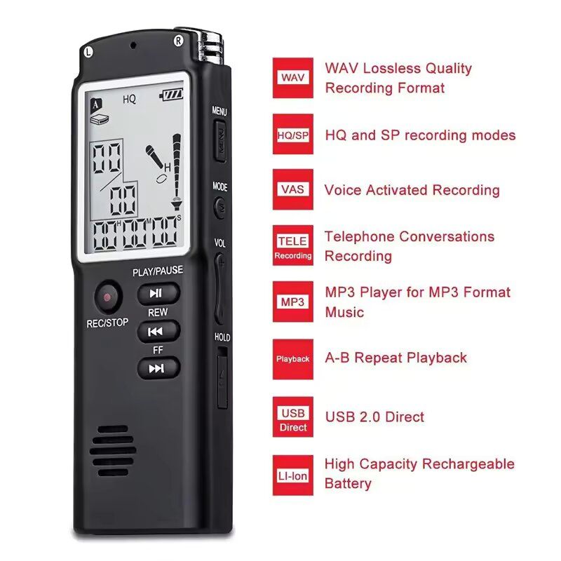 32GB,16GB,8GB Professional Digital Audio Voice Recorder with Real Time Display A Key Lock Screen Telephone Recording MP3 Player 1536Kbps for Conversations, Lectures, Meetings, Interviews