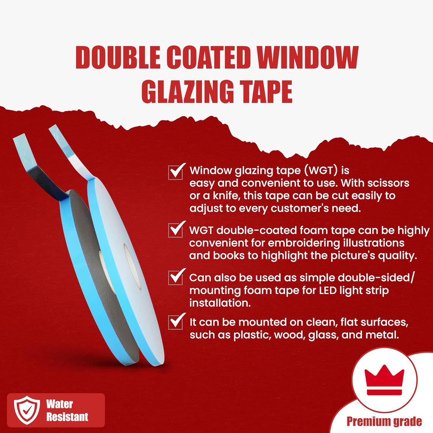 50M  Window Glazing Tape Double Sided Coated Foam Mounting White Coated Weather Resistant: Glass Bonding, Panel Installation, Gap Filling, Insulated Casements WGT
