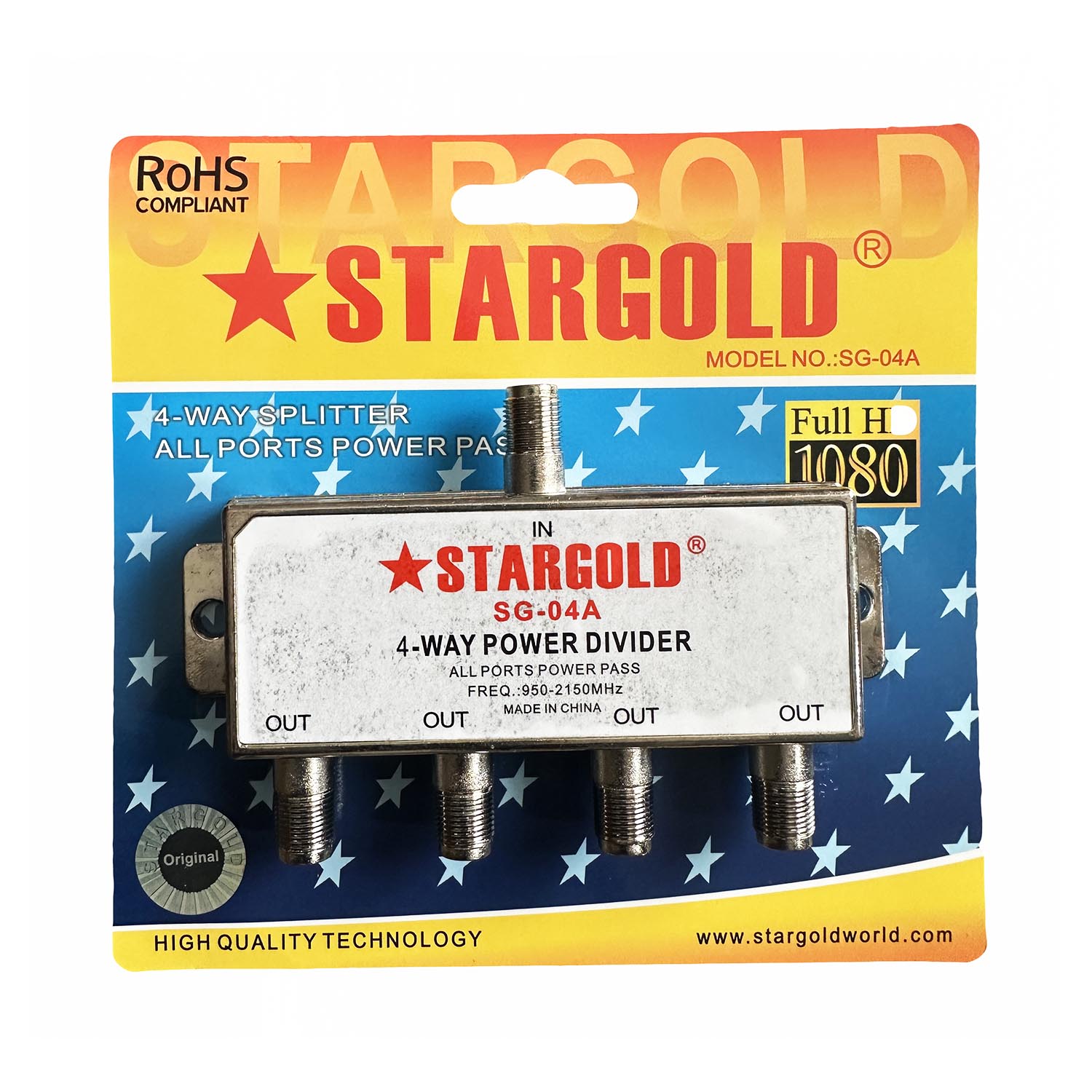 4-Way Coax Splitter Power Divider Antenna Satellite Dish Video Signal Coaxial Cable Component Connections, VCR DVD Line Adapter Full HD RF TV