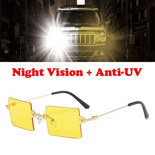 Car Night Vision Driving + UV Glasses Rimless Square Sunglasses Classy Googles Anti-Glare Yellow Lens Dark Drive