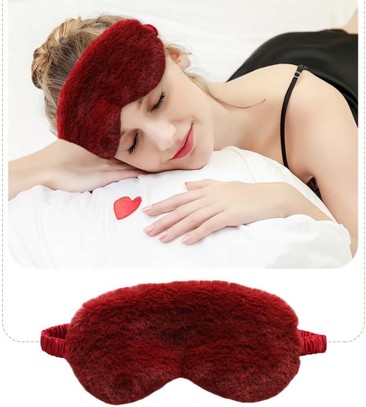 Fluffy Faux Fur Eye Mask Soft Smooth Plush Satin Nap Eye Cover Sleeping Blindfold Comfortable Sleep Shades for Travel Maroon