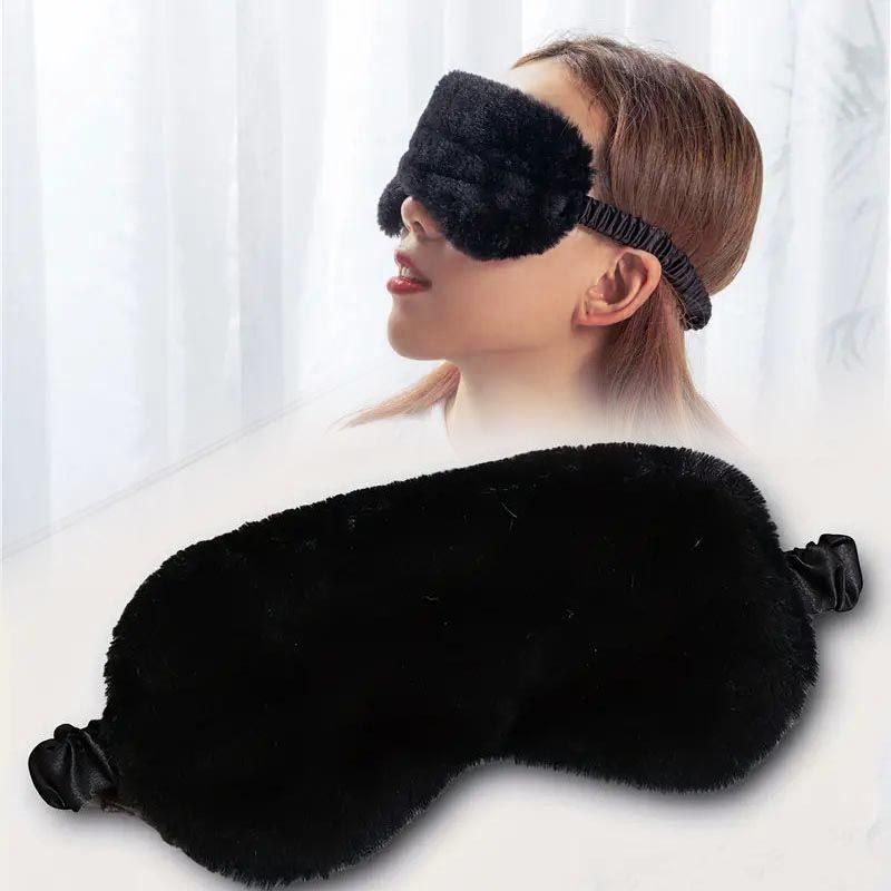 Black Soft Sleeping Mask Smooth Plush Faux Fur Eye Satin Nap Cover Blindfold Comfortable Sleep Shades for Travel