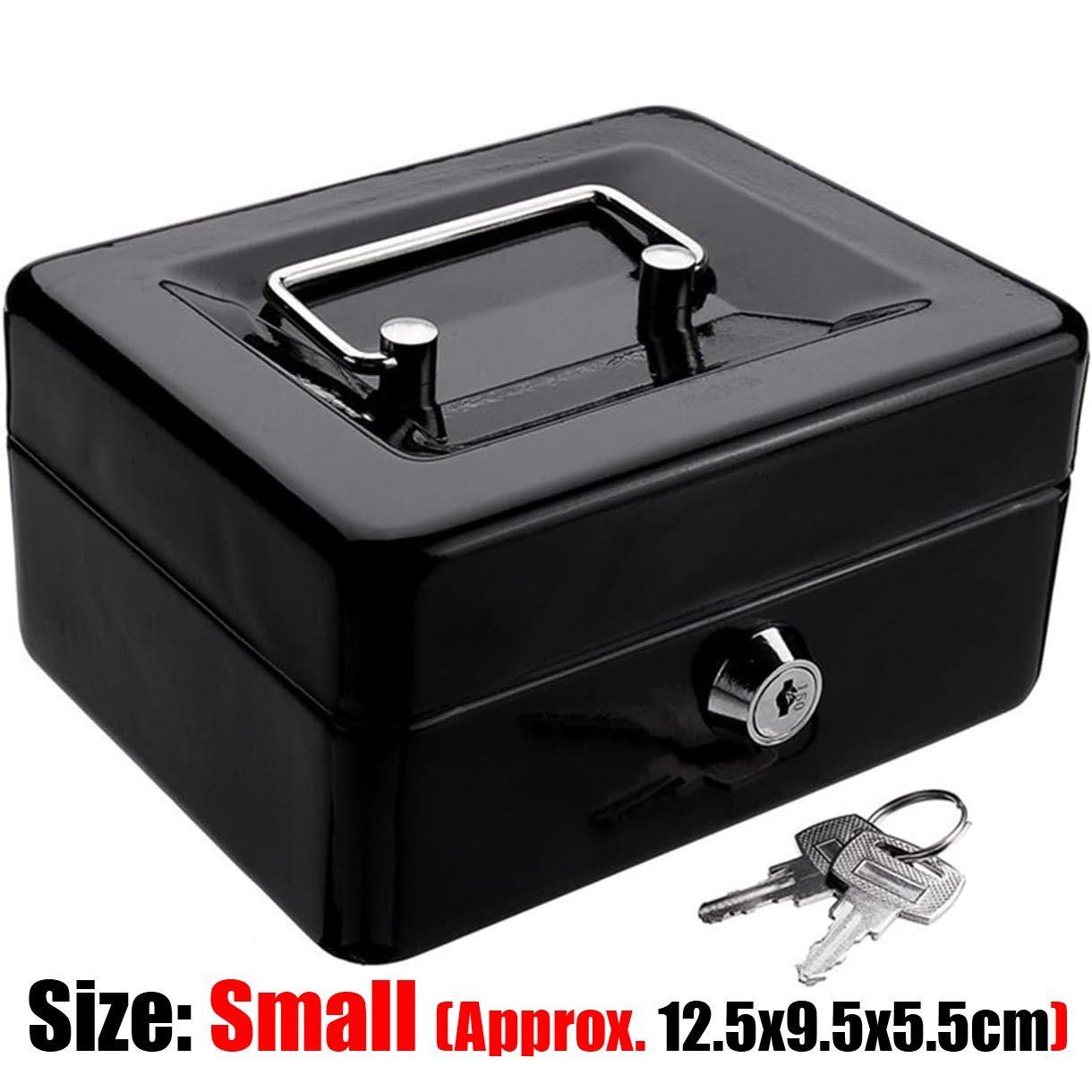 Small Cash Box Black Metal Iron Storage Piggy Bank Safety Deposit for Money Coin Cash Tray with Secret Key Drawer Carry for Home Stores, Businesses