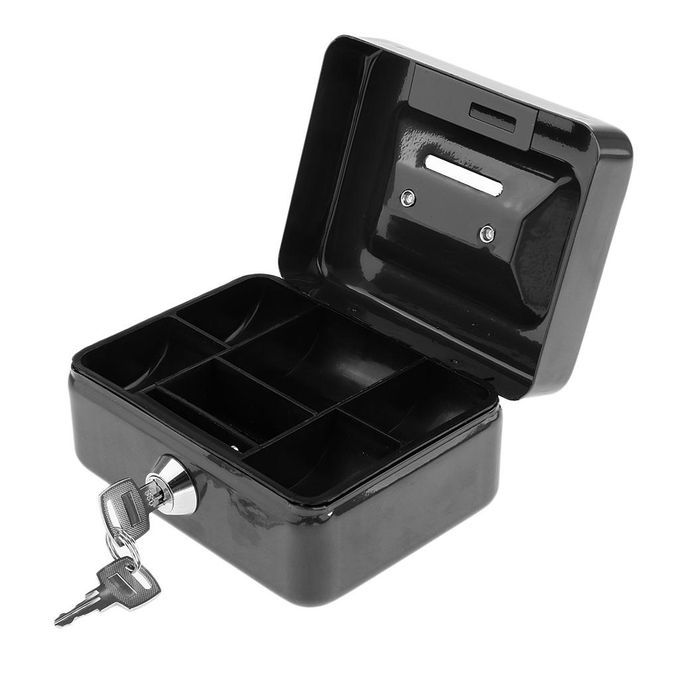 Small Cash Box Black Metal Iron Storage Piggy Bank Safety Deposit for Money Coin Cash Tray with Secret Key Drawer Carry for Home Stores, Businesses