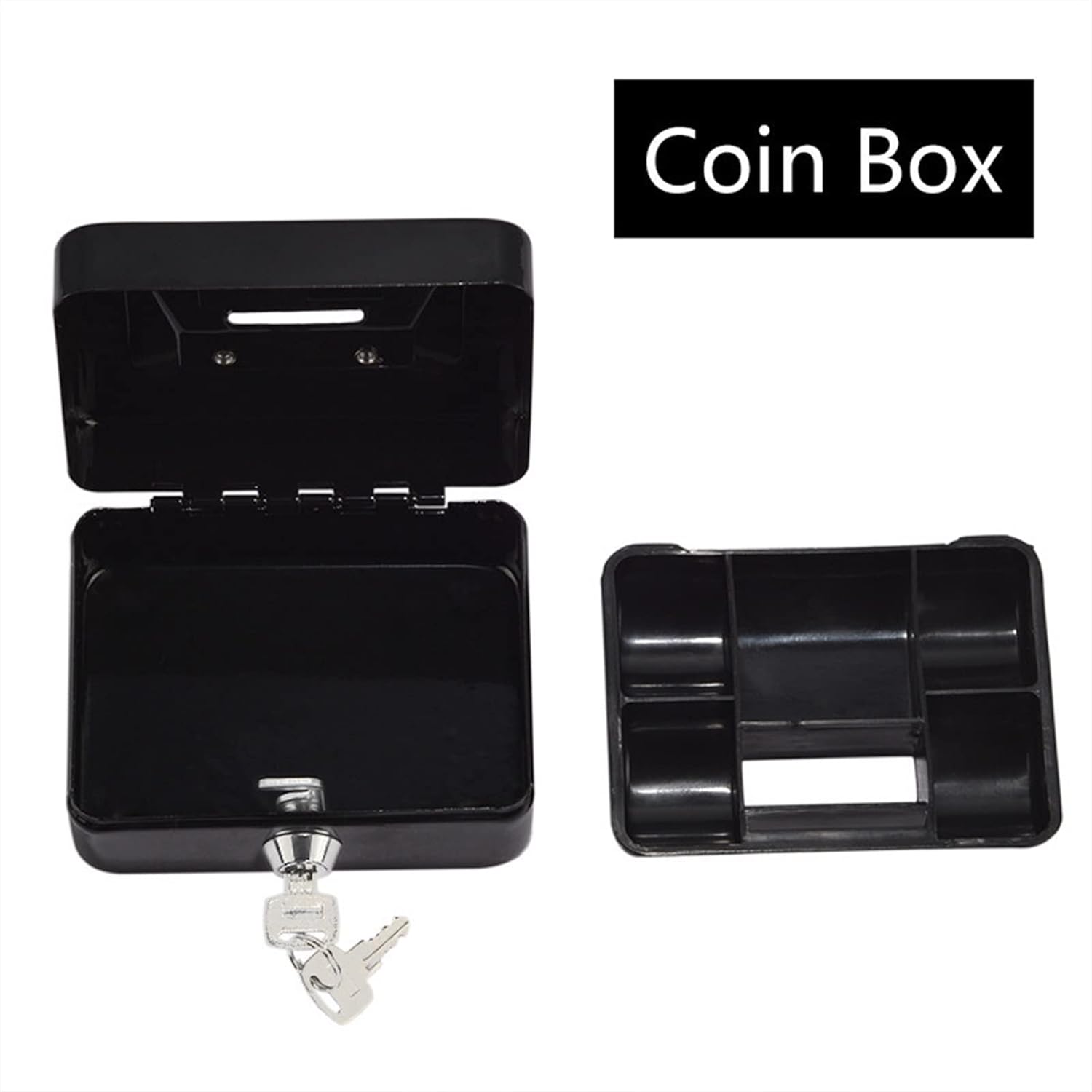 Small Cash Box Black Metal Iron Storage Piggy Bank Safety Deposit for Money Coin Cash Tray with Secret Key Drawer Carry for Home Stores, Businesses