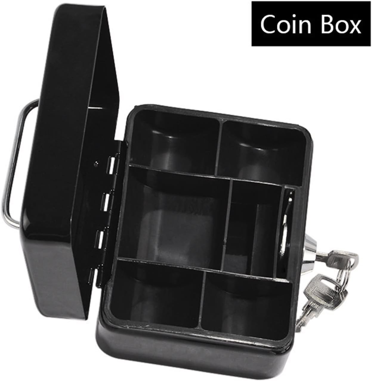 Small Cash Box Black Metal Iron Storage Piggy Bank Safety Deposit for Money Coin Cash Tray with Secret Key Drawer Carry for Home Stores, Businesses