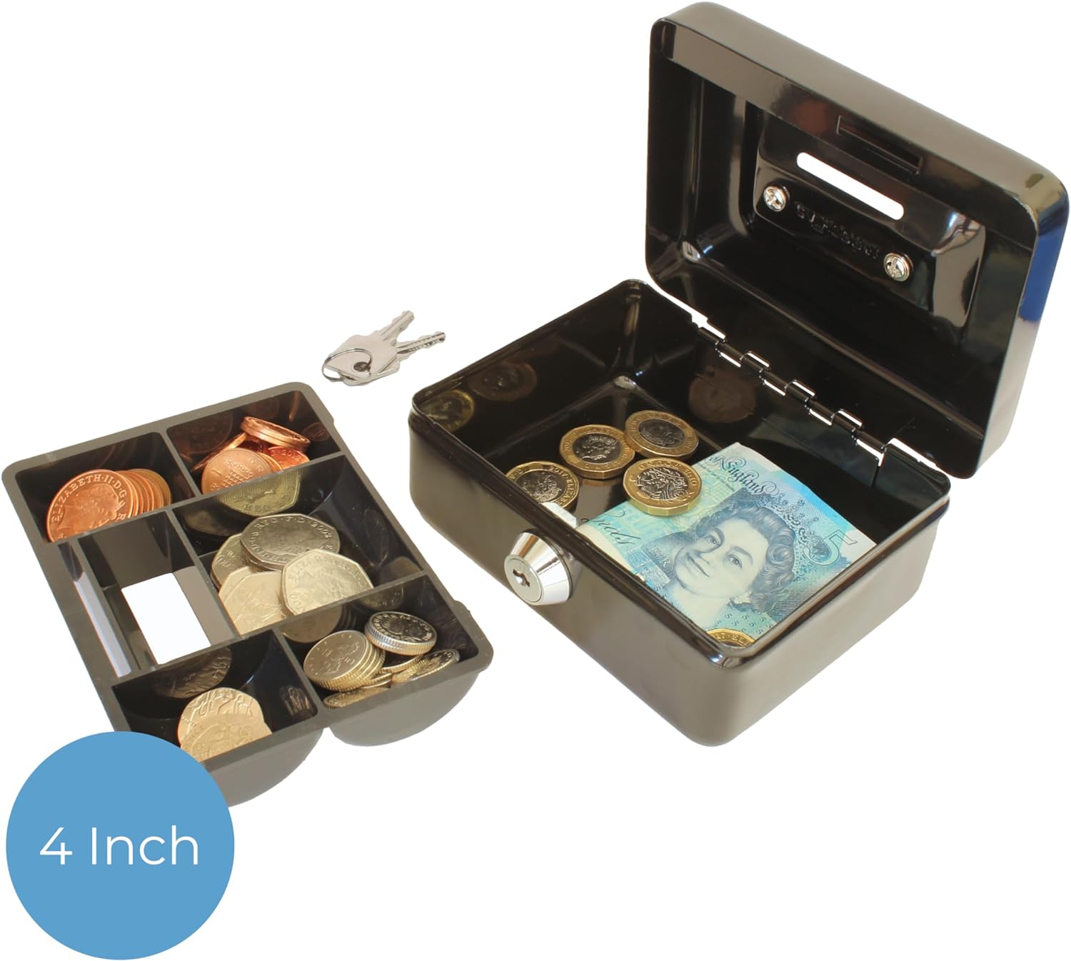 Small Cash Box Black Metal Iron Storage Piggy Bank Safety Deposit for Money Coin Cash Tray with Secret Key Drawer Carry for Home Stores, Businesses
