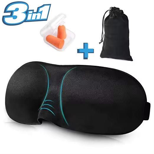 3in1 Sleeping Eye Mask + Earplugs + Carry Pouch Set - 3D Ultra Soft Contoured Fabric with Adjustable Strap DND Travel Sleep Flight Eyeshade Foam 1 Pair Ear Plugs
