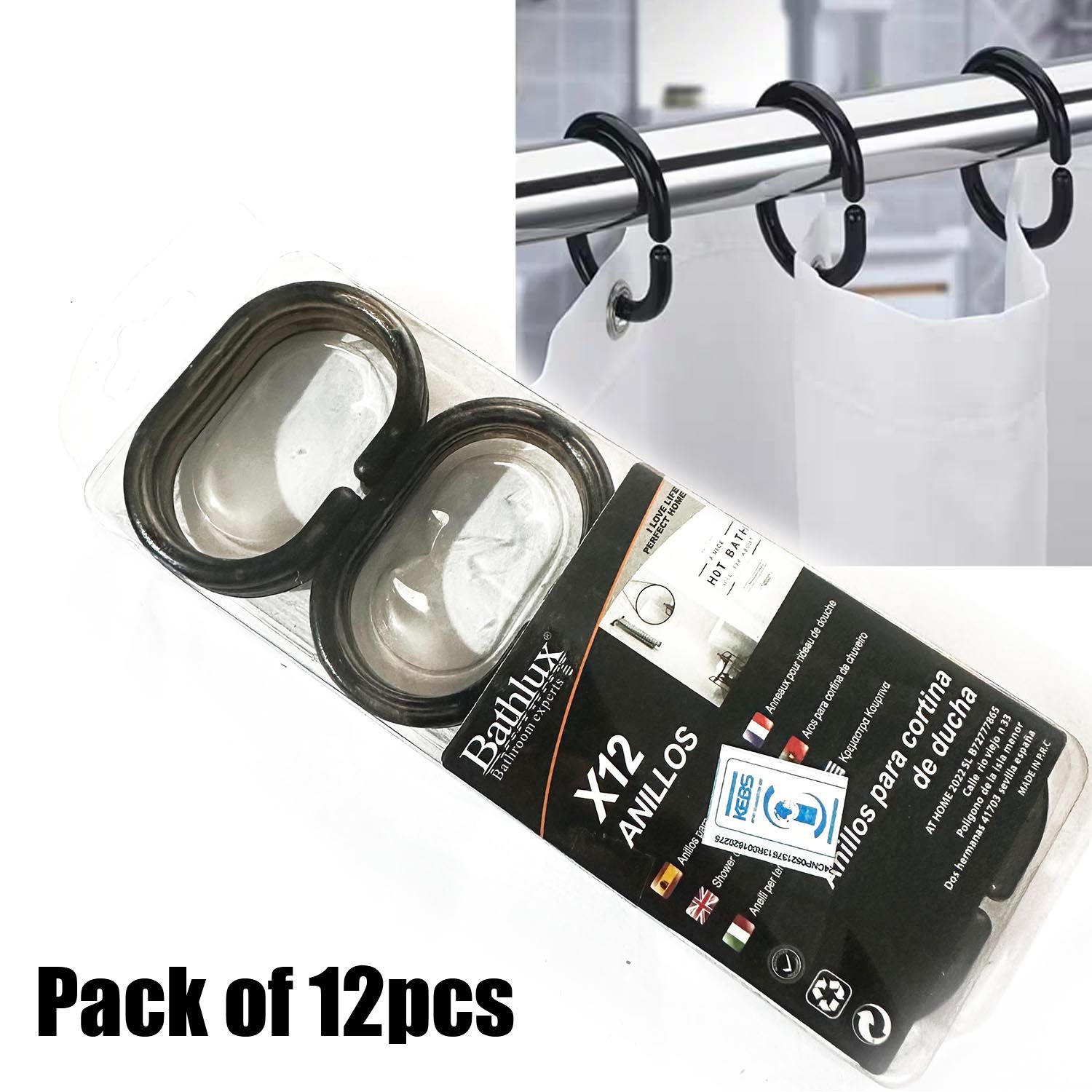 Black Shower Curtain Hooks Rings 12 Pieces Plastic Rustproof Bathlux Bathroom Experts C-Shaped Hangers Window Rod