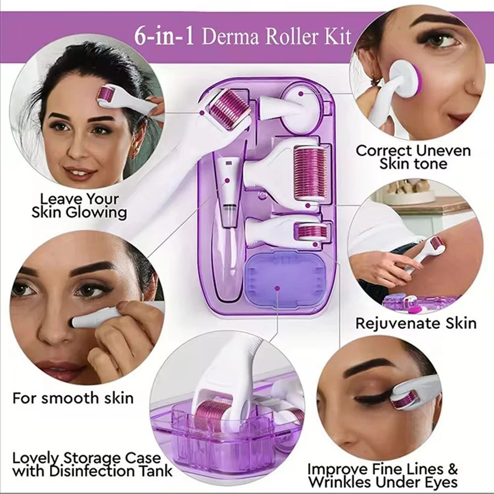 6 In 1 Derma Roller Micro Needles Kit Micro Titanium Microneedle Rollers Machine Eye Skin Care Body Treatment Hair Growth 6in1