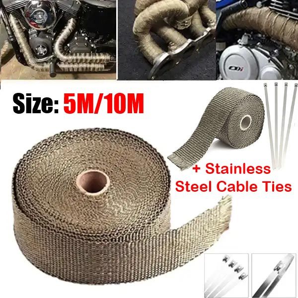 Exhaust Fiberglass Heat Wrap for Cars, Motorcycle, Trucks Turbo Engine Manifolds Hose Titanium Heat Shield Insulation Roll Sleeve with Stainless Ties Universal Auto Cable Protection