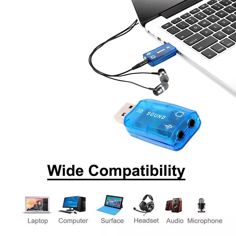 External Adapter Virtual 5.1 Channel Sound Card USB Stereo USB 2.0 to 3 D Audio  for PC with 3.5mm Headphone and Microphone