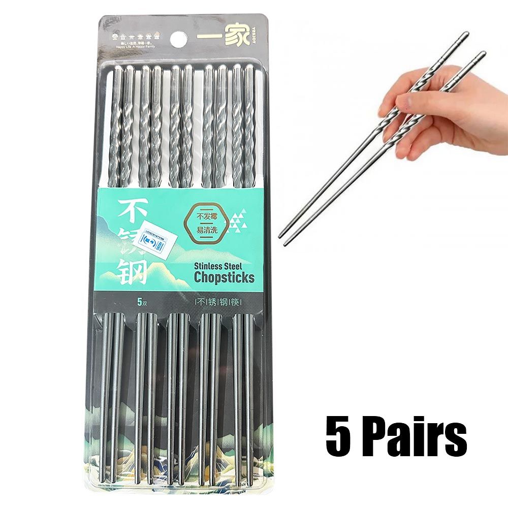 5 Pairs Stainless Steel Chopsticks Reusable Non-Slip Lightweight Metal Dishwasher Safe Premium Quality Chop Sticks Japanese Korean Silver