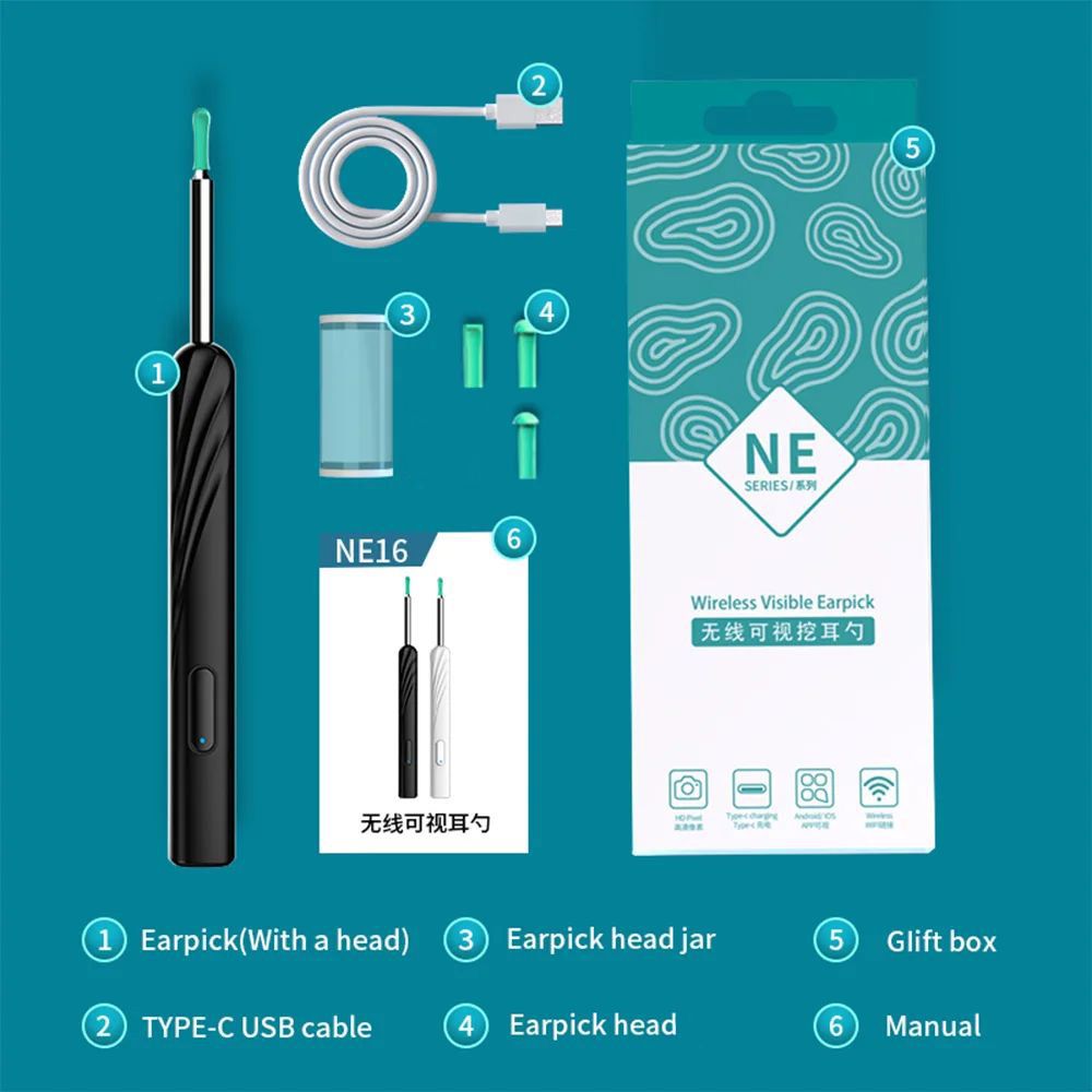 Rechargeable Wireless Smart Ear Cleaner Wax Removal Device with Ear Camera Endoscope Buds Picker NE16 White