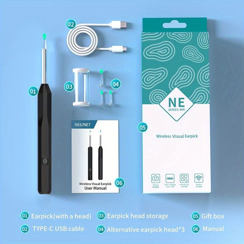 Wireless Smart Ear Cleaner, Earwax Removal Tool NE6 camera set For iPhone iPad Android Wide-angle Earpick HD for Pets Dogs Cats Otoscope Endoscope