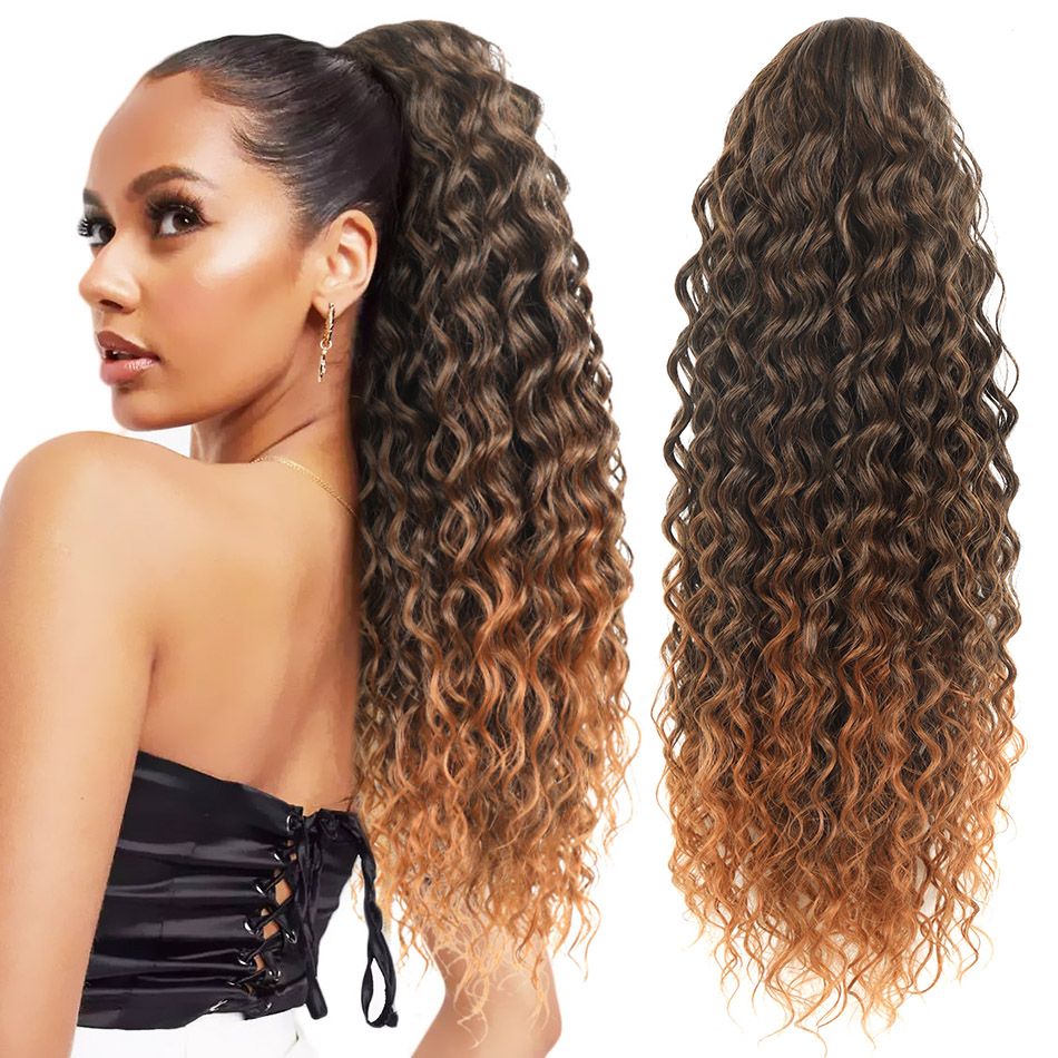 Synthetic Deep Wave Drawstring Ponytail 24 Inch Curly Ponytail Extension Water Wave Claw On Ponytails Hair Extensions Ponytail
