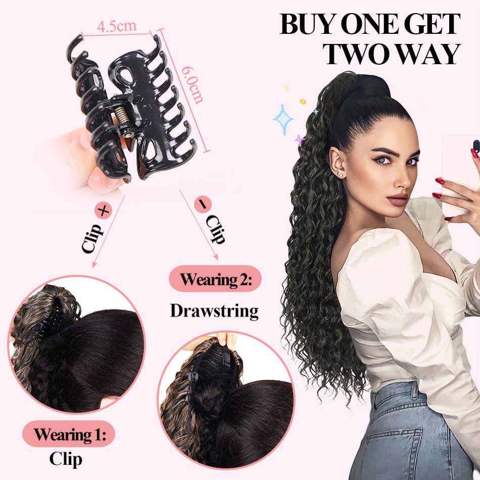 Synthetic Deep Wave Drawstring Ponytail 24 Inch Curly Ponytail Extension Water Wave Claw On Ponytails Hair Extensions Ponytail
