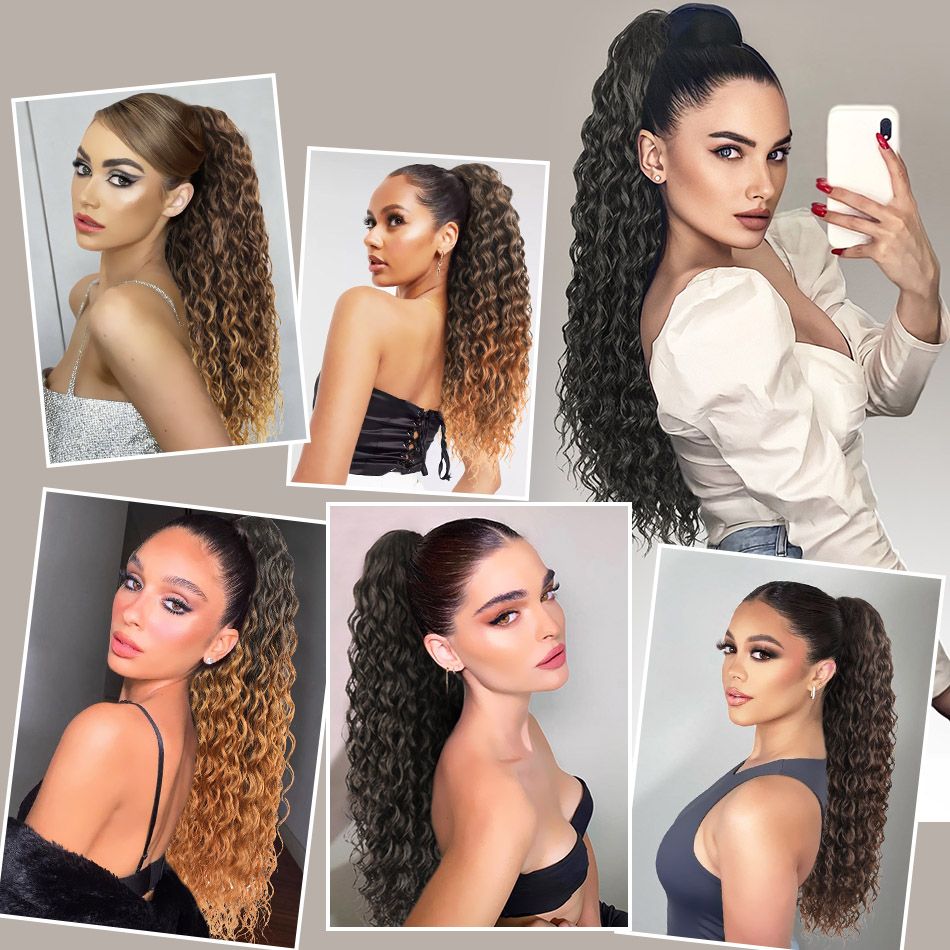 Synthetic Deep Wave Drawstring Ponytail 24 Inch Curly Ponytail Extension Water Wave Claw On Ponytails Hair Extensions Ponytail