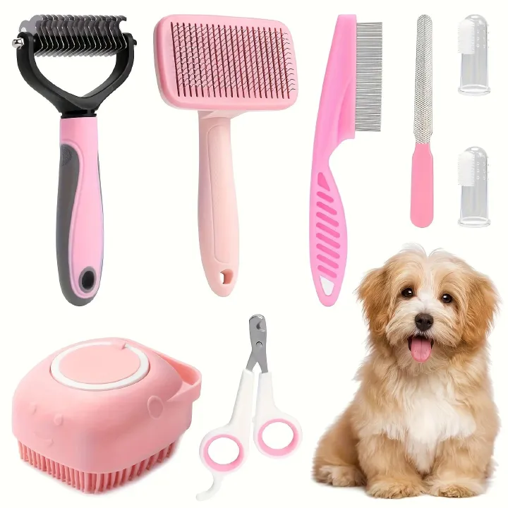 8pcs Dog Brush Grooming Set  Pet Cleaning Set  Pet Nail Clippers & Files  Pet Shampoo Brushes  Hair Removal Brushes Toothbrush