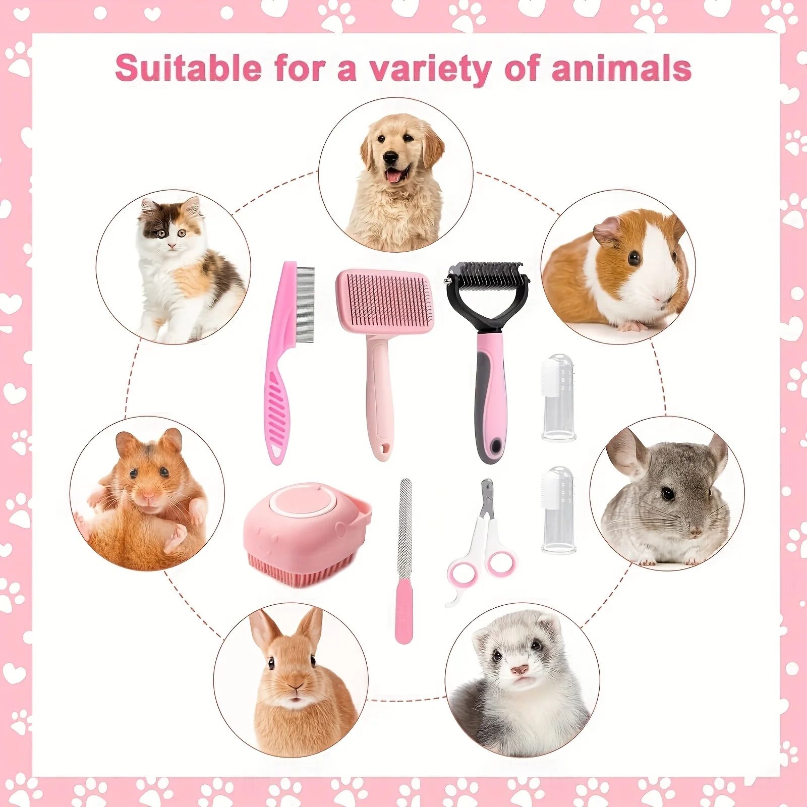 8pcs Dog Brush Grooming Set  Pet Cleaning Set  Pet Nail Clippers & Files  Pet Shampoo Brushes  Hair Removal Brushes Toothbrush