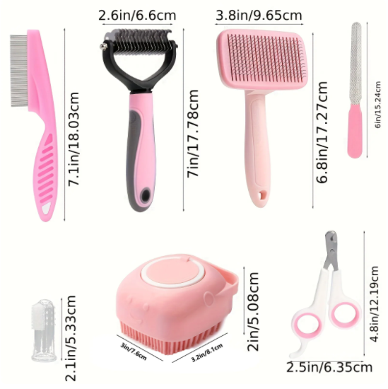8pcs Dog Brush Grooming Set  Pet Cleaning Set  Pet Nail Clippers & Files  Pet Shampoo Brushes  Hair Removal Brushes Toothbrush