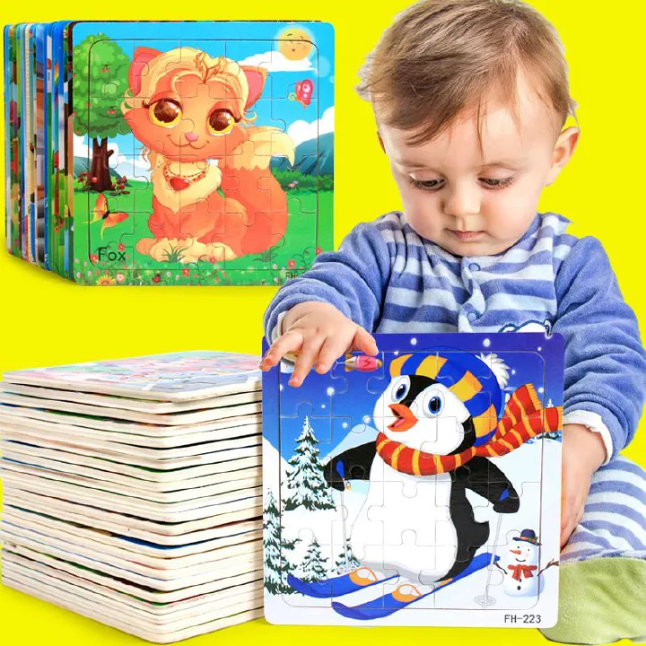 6-piece puzzle Wooden 3d Puzzle Cartoon Animal Vehicle Jigsaw Puzzle Montessori Educational Toys For Kids Baby 1 2 3 Years