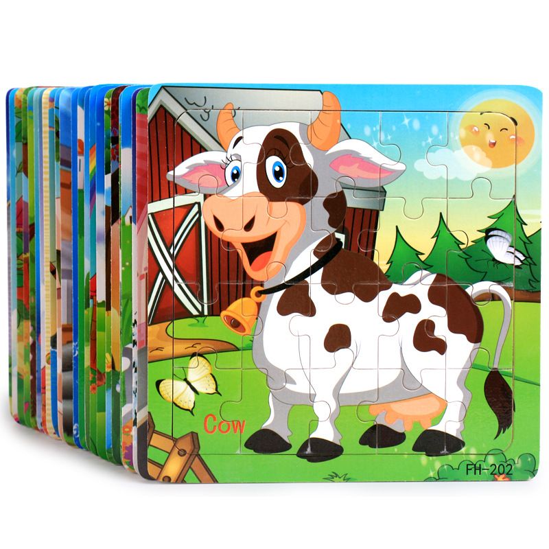 6-piece puzzle Wooden 3d Puzzle Cartoon Animal Vehicle Jigsaw Puzzle Montessori Educational Toys For Kids Baby 1 2 3 Years