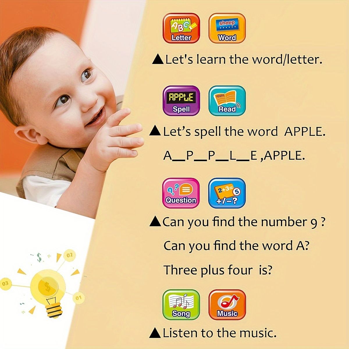 Kids Tablet Toddler Learning Pad with LED Screen Teach Alphabet Numbers Word Music Math Early Development Interactive Electronic Toy for 3 4 5 6 years old Boys & Girls