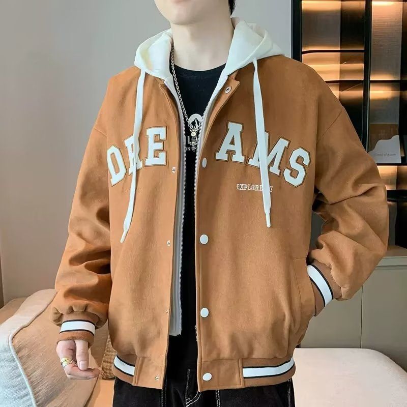 Men's Hooded Pockets Cargo Jacket Men's Clothing Autumn Fashion Loose Male Coat Hooded Baseball Jersey Varsity Jacket Street Style Letter Print Jacket For School