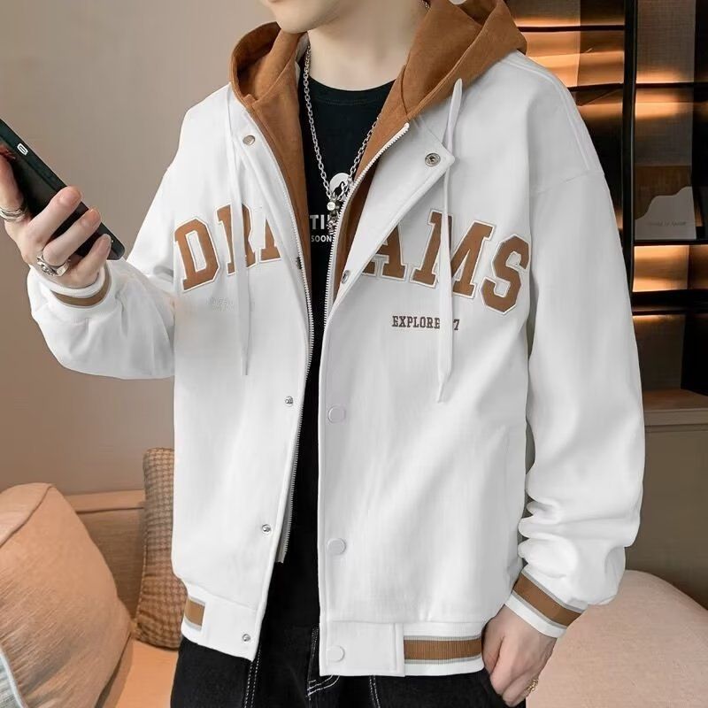 Men's Hooded Pockets Cargo Jacket Men's Clothing Autumn Fashion Loose Male Coat Hooded Baseball Jersey Varsity Jacket Street Style Letter Print Jacket For School
