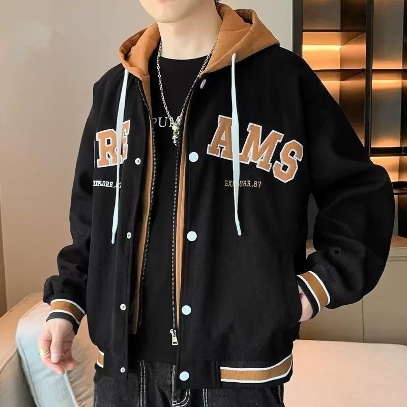 Men's Hooded Pockets Cargo Jacket Men's Clothing Autumn Fashion Loose Male Coat Hooded Baseball Jersey Varsity Jacket Street Style Letter Print Jacket For School