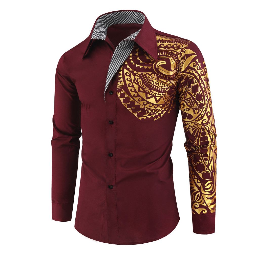 Men's Casual Long Sleeve Gold Tribal Pattern Print Shirt Slim Fit Dress Shirt For Party Evening Out Dress Prom Social Print Shirt