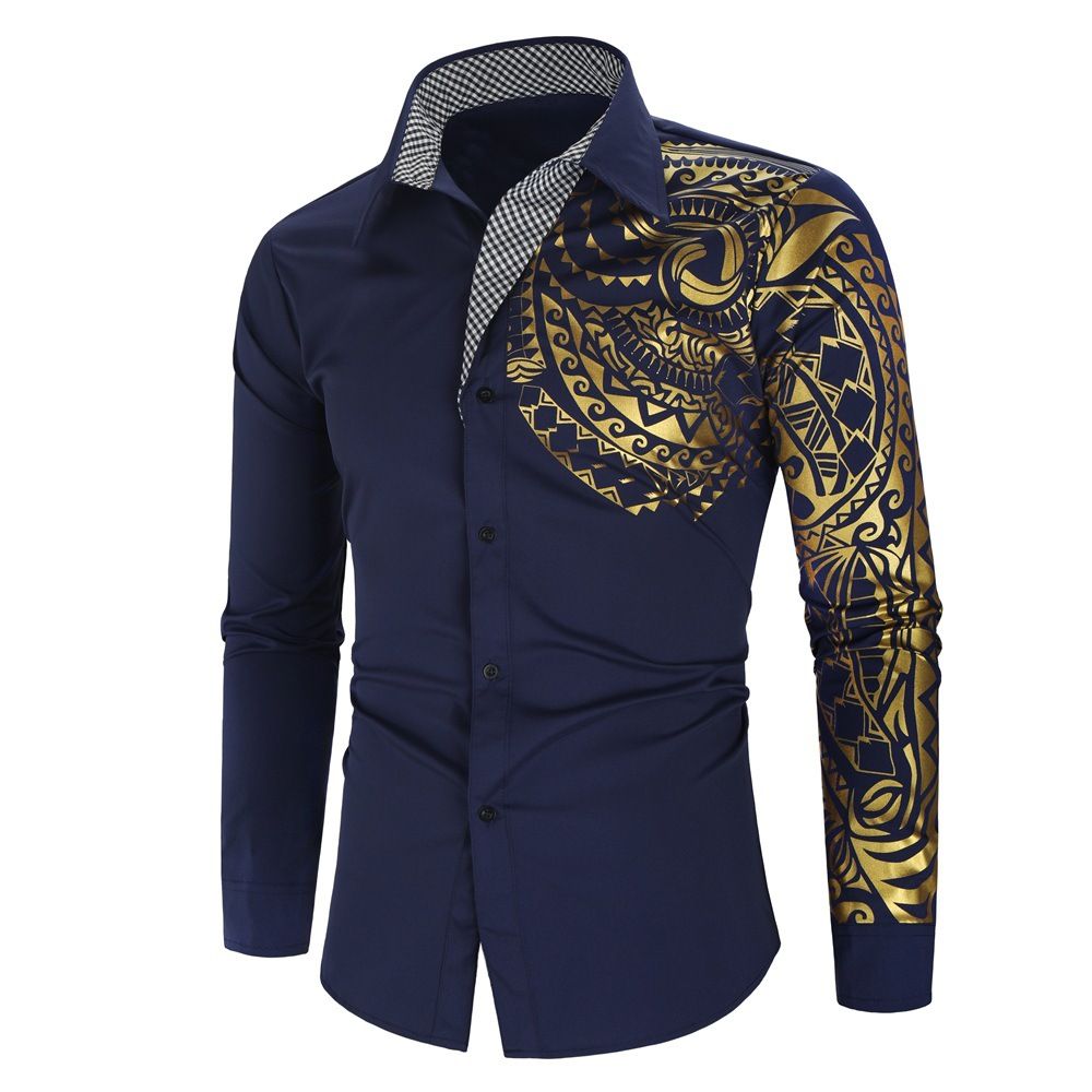 Men's Casual Long Sleeve Gold Tribal Pattern Print Shirt Slim Fit Dress Shirt For Party Evening Out Dress Prom Social Print Shirt
