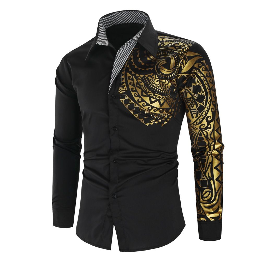 Men's Casual Long Sleeve Gold Tribal Pattern Print Shirt Slim Fit Dress Shirt For Party Evening Out Dress Prom Social Print Shirt