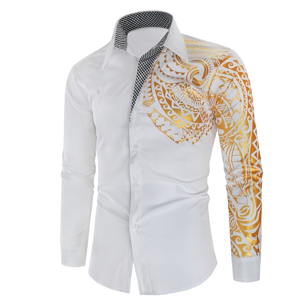 Men's Casual Long Sleeve Gold Tribal Pattern Print Shirt Slim Fit Dress Shirt For Party Evening Out Dress Prom Social Print Shirt