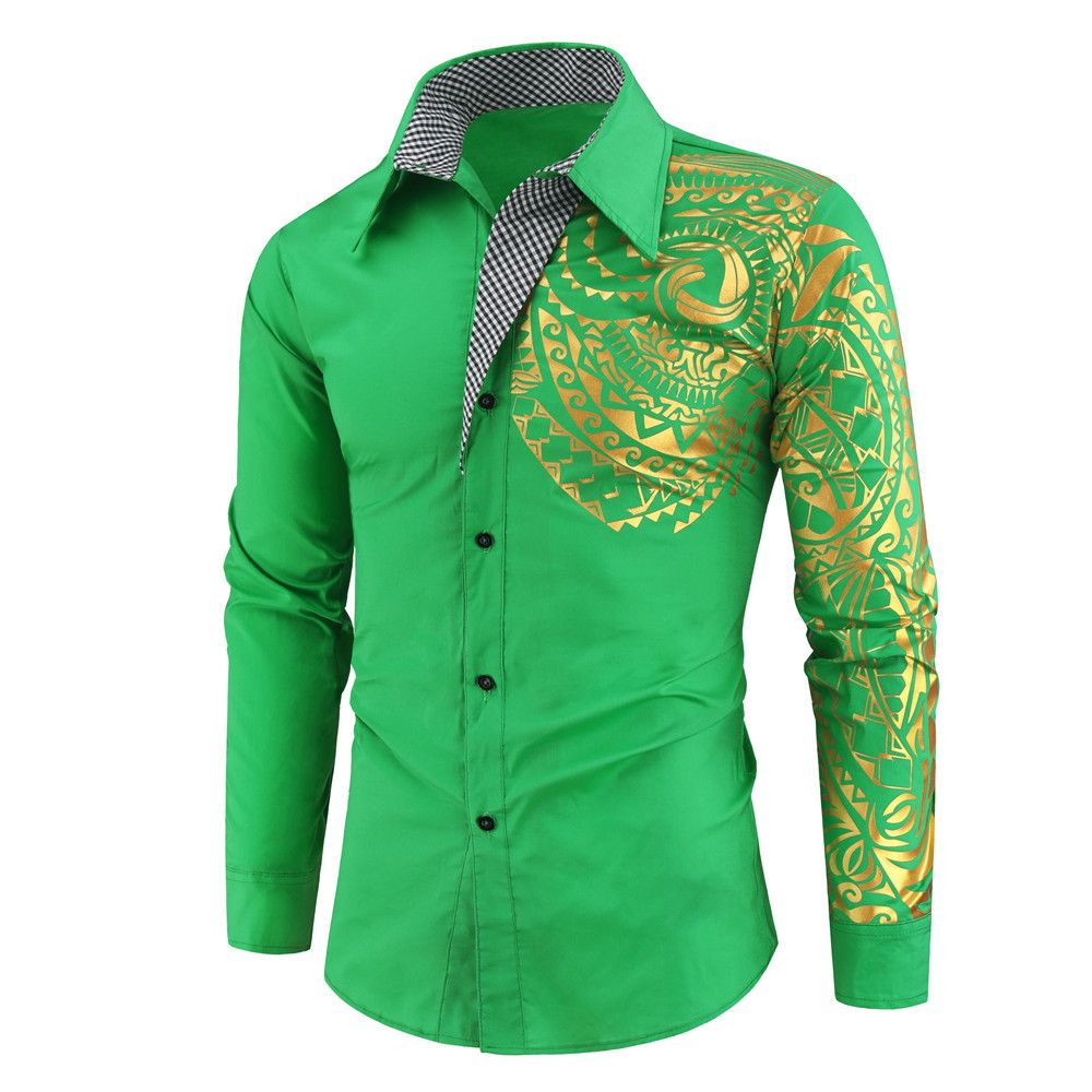 Men's Casual Long Sleeve Gold Tribal Pattern Print Shirt Slim Fit Dress Shirt For Party Evening Out Dress Prom Social Print Shirt
