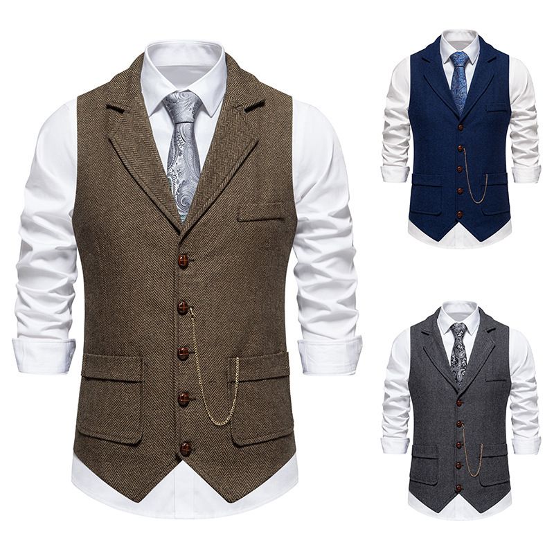 Men's Retro Lapel Chain Vest Fashion Herringbone Coarse Tweed Pockets Suit Vest Casual Vintage Gentleman Leisure Party Business Banquet Wedding