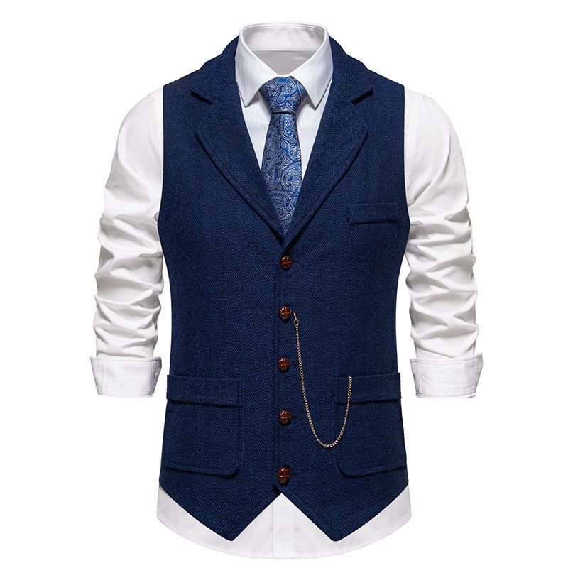 Men's Retro Lapel Chain Vest Fashion Herringbone Coarse Tweed Pockets Suit Vest Casual Vintage Gentleman Leisure Party Business Banquet Wedding